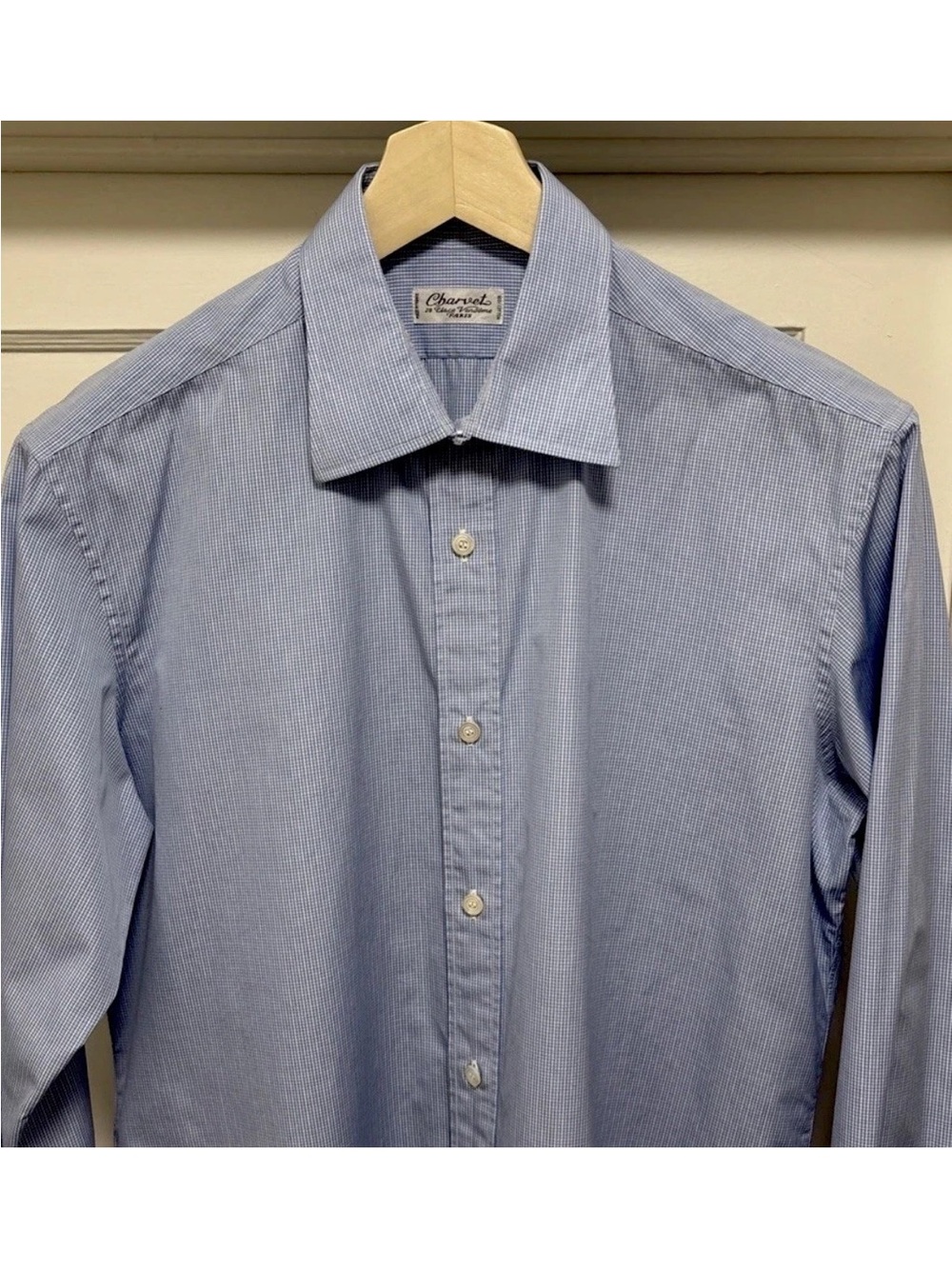 Charvet Paris 16 40 1/2 Large Blue White Check Cotton Dress Shirt Made In France